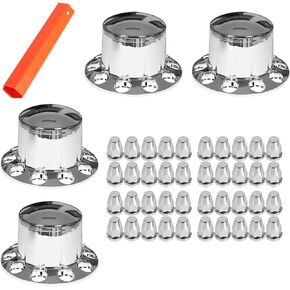 Chrome Front Hub Cover Wheel Axle Cover Center Caps Kit with 33mm Lug Nut Covers Replacement for 20 in & 22.5 in & 24.5 in Semi Truck Wheels