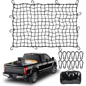 3'x4'Roof Rack Cargo Net， Mesh Bungee Net Stretches to 6'x8' for Rooftop Cargo Basket|12 Metal Carabiners + 12 Hooks Holds Loads Tighter