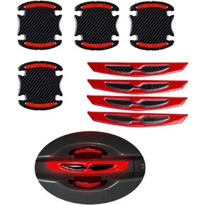 8pcs Universal 3D Carbon Fiber Car Door Handle Paint Scratch Protector Sticker Auto Door Handle Scratch Cover Guard Protective Film Car Outdoor Safety Reflective Strips (Red)