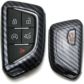 iJDMTOY Gloss Black Carbon Fiber Pattern Exact Fit Key Fob Shell Cover w/Chrome Edging Trim Compatible With 2020-up Cadillac CT5 CT6 XTS XT4 XT5 ATS, etc