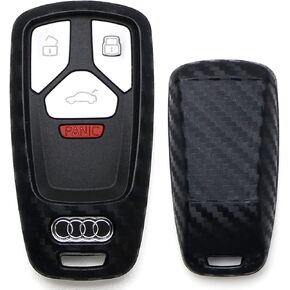 iJDMTOY Carbon Fiber Finish Soft Silicone Key Fob Cover Compatible with Audi 2017-up A4 A5 Q7 TT Smart Key (Black Twill Weave Pattern)