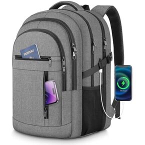 Travel Laptop Backpack, 17 Inch Extra Large Laptop Backpack with USB External Interface 25L Anti Theft Travel Backpack Water Resistant Business Computer Bag Fit 17.3 Inch Laptop for Men Women, Grey