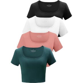 Square Neck Crop Tops for Women Workout Tops Trendy Going Out Tops Gym Summer Shirts 4 Pack