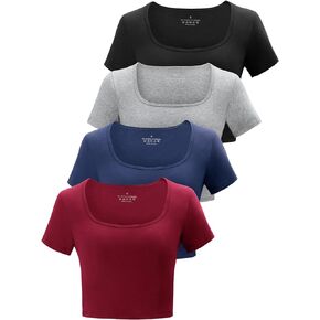 Square Neck Crop Tops for Women Workout Tops Trendy Going Out Tops Gym Summer Shirts 4 Pack