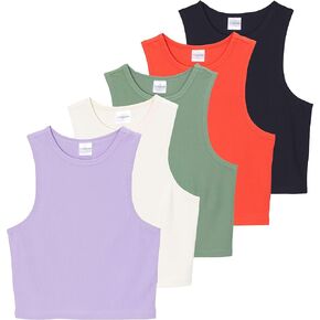 Real Essentials 5 Pack: Women's Ribbed Sleeveless Cropped Racerback Tank Top Casual Crop Top