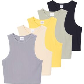 Real Essentials 5 Pack: Women's Ribbed Sleeveless Cropped Racerback Tank Top Casual Crop Top