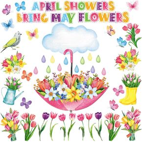 55 Pcs April Showers Bring May Flowers Decorations Spring Flower Cut Outs Bulletin Board Cute Tulip Classroom Decor for Whiteboard Window Home Party Decor Supply