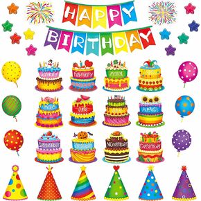 39 PCS Happy Birthday Bulletin Board Set, Colorful Birthday Decoration Cakes, Stars, Firework, Balloon, Party Hats Cut-Outs Classroom Decorations Birthday Party Supplies for Kids Teacher Student