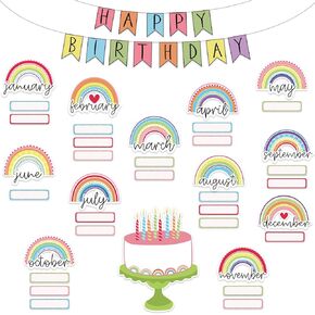 Whaline Classroom Decor Happy Birthday Bulletin Board Decorations Rainbow Cut-Outs Happy Birthday Cake Classroom Chart Wall Decoration Cutouts for Student Teacher School Home Birthday Supplies, 44Pcs