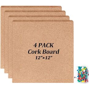 Cork Board Tiles 12"x12" - 1/2" Thick Bulletin Board Mini Wall with 50 Push Pins,Strong Self Adhesive Backing - 4 Pack