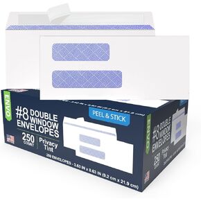 250#8 ENVO Window Envelopes, Check Envelopes, 8 5/8 Security Double Window Self Seal Envelopes, 8 Window Envelopes, Business Check Envelopes (250 Pack)