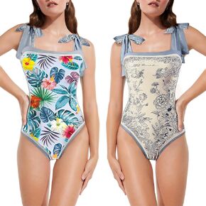 Women Floral One Piece Swimsuits, Reversible Tie Shoulder Monokini, Tummy Control Bathing Suits, Square Neck Swimwear in Kuwait