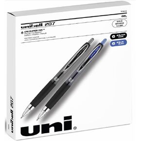 Uniball Signo 207 Retractable Gel Pens - 1.0mm Bold Point - 6 Black with 6 Blue Ink Uniball Pen (Total of 12 Pens)
