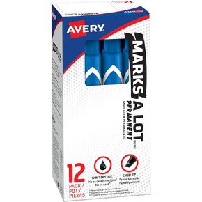 AVERY Marks-A-Lot Permanent Markers, Large Desk-Style Size, Chisel Tip, Water and Wear Resistant, 12 Blue Markers (08886)