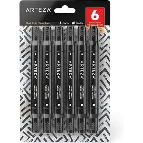 Arteza Black Fabric Markers, Set of 6, Dual-Tip Permanent Laundry Pen Set, Art Supplies to Create Fade-Proof Designs on Shirts, Shoes & Canvas