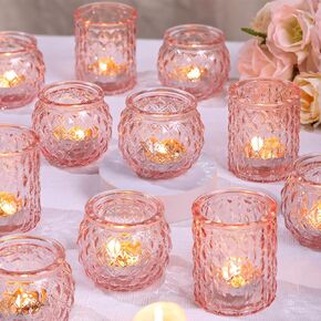 Amber Votive Candle Holders Set of 24- Round Candle Holders Bulk, Glass Candle Holder for Vintage Decoration, Tea Lights Candle Holders for Wedding Home Party & Gift