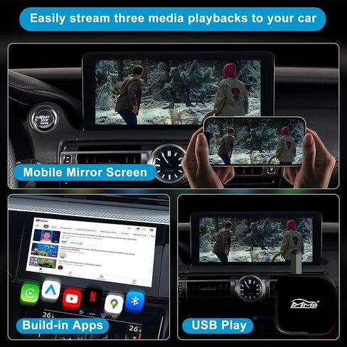 MMB Magic Box 2.0 Wireless Apple Carplay & Android auto، مدمج في YouTube/Netflix/التلفزيون العالمي/النسخ المتطابق/HDMI Carplay، بث الوسائط إلى السيارة/التلفزيون، دونجل CarPlay لجميع سيارات Apple CarPlay السلكية من المصنع in Kuwait