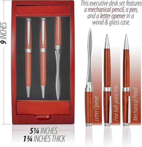 مجموعة أقلام وقلم رصاص وفتاحة رسائل من BF Systems Alex Navarre في علبة خشبية وزجاجية in Kuwait