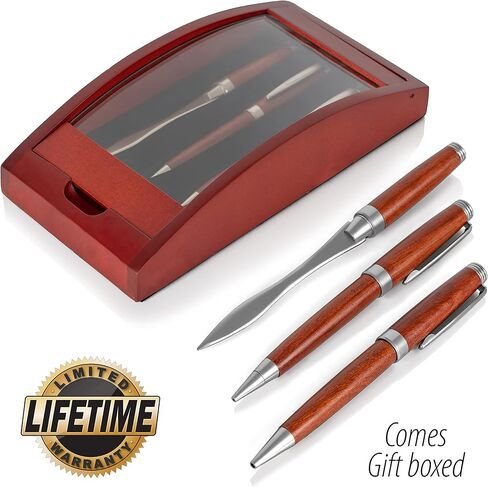 مجموعة أقلام وقلم رصاص وفتاحة رسائل من BF Systems Alex Navarre في علبة خشبية وزجاجية in Kuwait