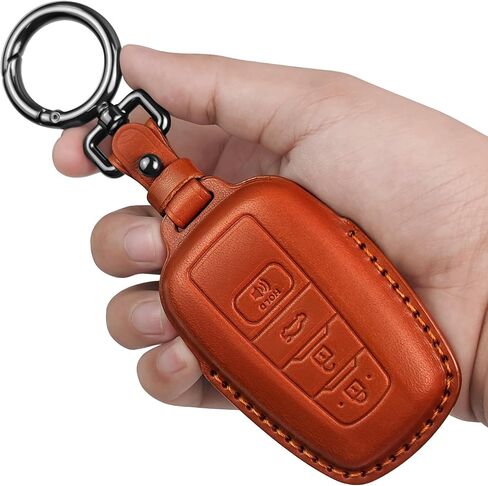 غطاء Tukellen لسيارة Toyota Key Fob من الجلد الطبيعي مع سلسلة مفاتيح، واقي حافظة مفاتيح جلدية متوافق مع 2018-2024 RAV4 Camry Corolla Avalon C-HR Prius GT86 Highlander-Brown in Kuwait