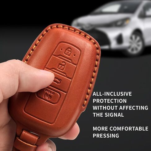 غطاء Tukellen لسيارة Toyota Key Fob من الجلد الطبيعي مع سلسلة مفاتيح، واقي حافظة مفاتيح جلدية متوافق مع 2018-2024 RAV4 Camry Corolla Avalon C-HR Prius GT86 Highlander-Brown in Kuwait