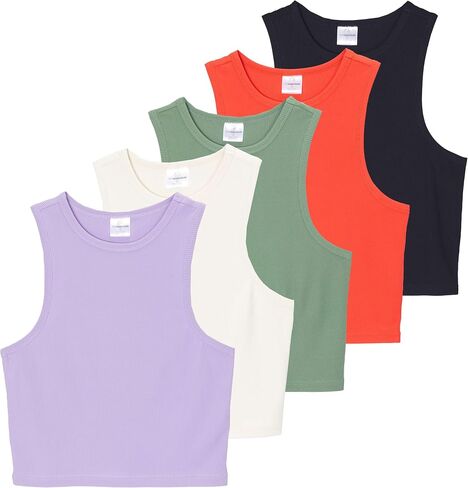 Real Essentials 5 Pack: Women's Ribbed Sleeveless Cropped Racerback Tank Top Casual Crop Top in Saudi Arabia