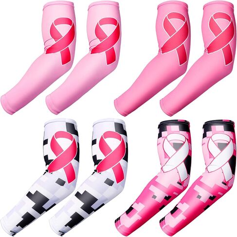 Geyoga 4 Pairs Breast Cancer Awareness Sleeves Pink Ribbon Arm Sleeves Cooling Compression Sleeves UV Protection Arm Cover in Kuwait