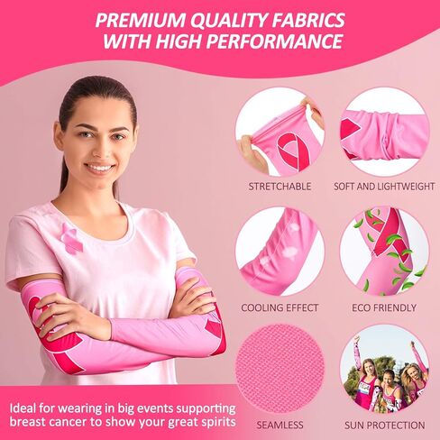 Geyoga 4 Pairs Breast Cancer Awareness Sleeves Pink Ribbon Arm Sleeves Cooling Compression Sleeves UV Protection Arm Cover in Kuwait