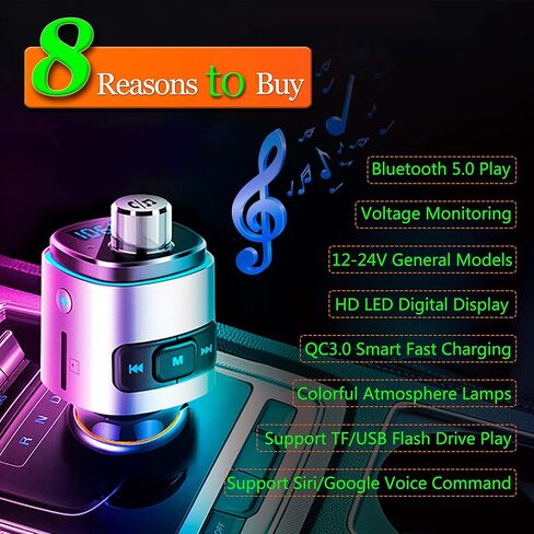 جهاز إرسال FM بلوتوث من Arsvita للسيارة، مشغل موسيقى QC3.0 سريع الشحن مع مكالمات بدون استخدام اليدين، يدعم إيقاظ الصوت Siri/Google، لون فاتح، فضي in Kuwait