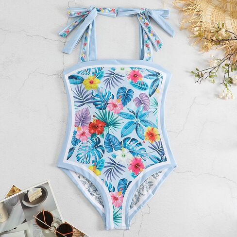 Women Floral One Piece Swimsuits, Reversible Tie Shoulder Monokini, Tummy Control Bathing Suits, Square Neck Swimwear in Kuwait