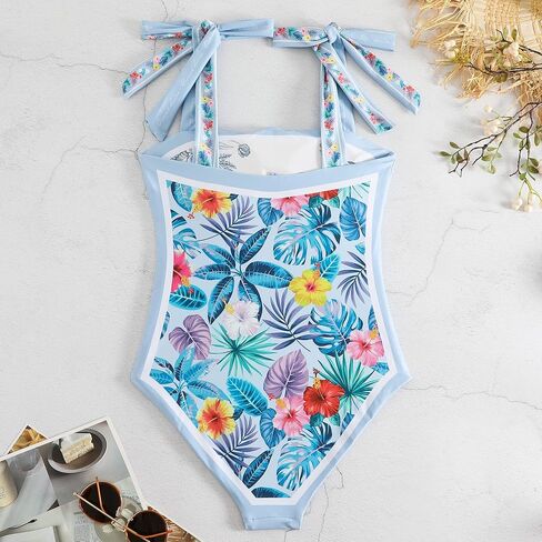 Women Floral One Piece Swimsuits, Reversible Tie Shoulder Monokini, Tummy Control Bathing Suits, Square Neck Swimwear in Kuwait
