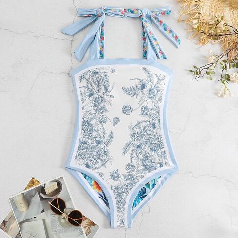Women Floral One Piece Swimsuits, Reversible Tie Shoulder Monokini, Tummy Control Bathing Suits, Square Neck Swimwear in Kuwait