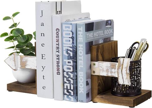 MyGift Rustic Book End, Whitewashed Arrow Design and Burnt Dark Brown Wood Tabletop Bookend Support Stands, Set of 2 in Saudi Arabia