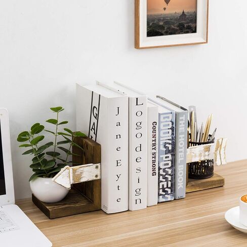 MyGift Rustic Book End, Whitewashed Arrow Design and Burnt Dark Brown Wood Tabletop Bookend Support Stands, Set of 2 in Saudi Arabia