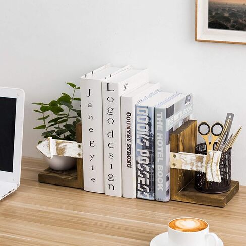 MyGift Rustic Book End, Whitewashed Arrow Design and Burnt Dark Brown Wood Tabletop Bookend Support Stands, Set of 2 in Saudi Arabia