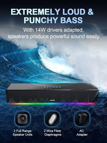 مكبرات صوت الكمبيوتر، مكبرات صوت ستيريو HiFi بقدرة 14 وات من Bluedee، ومكبرات صوت بلوتوث 5.0 أو 3.5 مم Aux-in للكمبيوتر المكتبي، وشريط صوت للكمبيوتر RGB مع صوت جهير عميق، ومكبرات صوت للألعاب للكمبيوتر الشخصي مدعوم بمحول تيار متردد in Kuwait