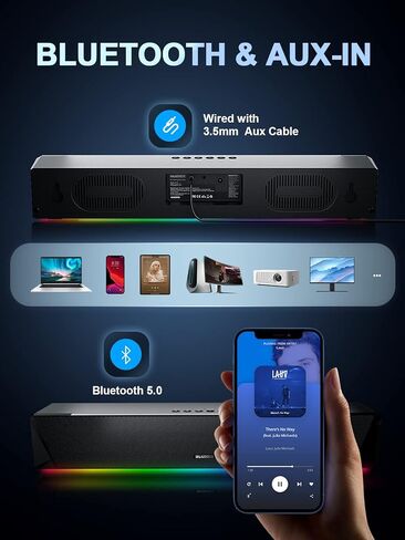 مكبرات صوت الكمبيوتر، مكبرات صوت ستيريو HiFi بقدرة 14 وات من Bluedee، ومكبرات صوت بلوتوث 5.0 أو 3.5 مم Aux-in للكمبيوتر المكتبي، وشريط صوت للكمبيوتر RGB مع صوت جهير عميق، ومكبرات صوت للألعاب للكمبيوتر الشخصي مدعوم بمحول تيار متردد in Kuwait