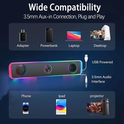 مكبرات صوت الكمبيوتر لشاشة سطح المكتب، مكبرات صوت الكمبيوتر التي تعمل بمنفذ USB مع ضوء RGB، مكبر صوت ألعاب الكمبيوتر مع مدخل Aux 3.5 مم، صوت ستيريو قوي، مكبرات صوت للتحكم في مستوى الصوت لشاشة الكمبيوتر المحمول المكتبي in Saudi Arabia
