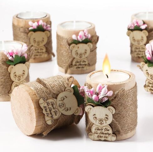 12 قطعة من حامل شموع Tealight الخشبي من Treela مع شموع Tealight، شموع استحمام الطفل، حامل شموع اسطوانة خشبية، هدايا الزفاف لتزيين القطع المركزية للحفلات، هدايا الضيوف (وردي فاتح) in Saudi Arabia