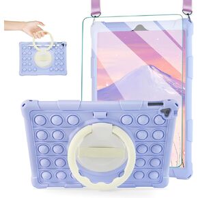 ACEMO for iPad 9th 8th 7th Generation Case 10.2 inch with Screen Protector, 360° Rotating Kickstand, Shoulder Strap, Pencil Holder Cute Kids Cover for iPad 2021 2020 2019 Lilac Purple