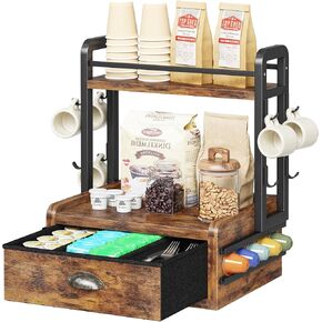 Homeiju Wooden & Metal Coffee Station Organizer | 40 قرون درج و 8 خطافات القدح | التوافق Nespresso Vertuo/Keurig | تخزين كونترتوب لتوفير الفضاء بني بني