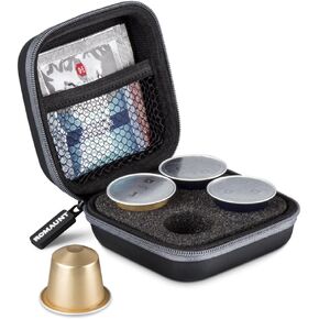 ROMAUNT Travel Carrying Case Compatible with Nespresso OrignalLine Capsules, Accessory for Portable Espresso Maker Protective Coffee Pods Holder with Foam PU Material Hold 10 Pods（black）