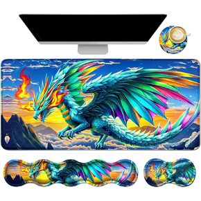 4Pcs Memory Foam Keyboard Mouse Wrist Rest Pad + Gaming Desk Mat 31.5" * 11.8" + Mouse Wrist Cushion + Coasters Set, Non-Slip Desk Pad Protector for Laptop Computer Home, Blue Flaming Dragon