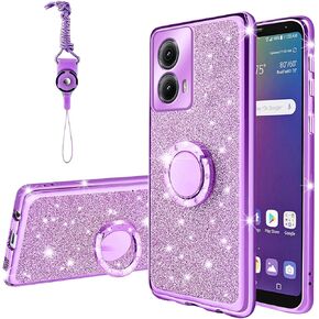 for Motorola Edge 2024 Case for Women Glitter Soft TPU Luxury Crystal Butterfly Heart Floral Protective Cover with Ring Kickstand+Strap Phone Case for Moto Edge 5G 2024 (Rose Gold)