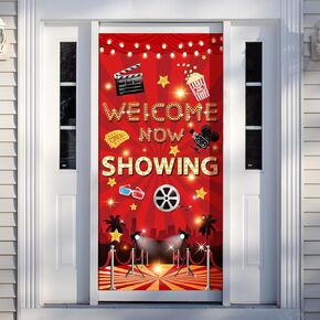 Moukeren Movie Night Party Door Cover Sign Theater Supplies Welcome Now Showing Movie Night Party Backdrop for Wedding Theater Birthday Accessory, 71 x 35.4 Inches