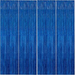 Pack of 4 Metallic Tinsel Foil Fringe Curtains,3.2 ft x 8.2 ft Shimmer Curtain Streamers Party Photo Backdrop for Birthday Wedding Party Baby Shower Boy Decorations(Blue)
