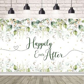7x5ft Happily Ever After Backdrop for Wedding Eucalyptus Leaves Gold Dots Photography Background Bridal Shower Wedding Party Decorations Banner Photo Props