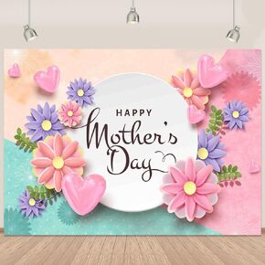 Mother’s Day Backdrop Colorful Floral Mothers Day Photography Backdground Thanks Mom Festival Party Decorations Banner Pink Love Heart Photo Backdrop 7x5Ft