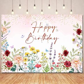 Wildflower Happy Birthday Backdrop Banner Girls Floral Birthday Decorations,Spring Watercolor Wild Flower Bday Background Women Girls Wildflower Themed 1st Birthday Party Decor Photo Booth Props 7x5ft