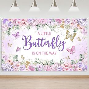 Mocsicka Butterfly Baby Shower Banner Backdrop A Little Butterfly is On Her Way Girl Baby Shower Background Purple Butterfly Baby Shower Decoration 70.8 x 43.3 Inch